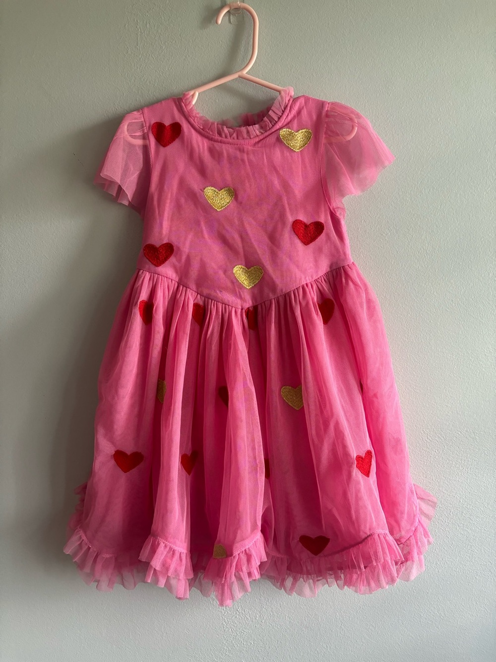 Mini Boden Girls 4/5 Pink Tulle Embroidered Heart Valentine's Party Dress